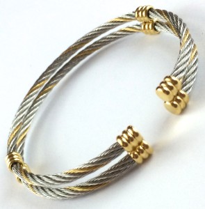 Stainless 2 Wire Cable Bangle w/Gold Accents
