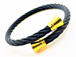Stainless Black Cable Bangle w/ Gold Ends